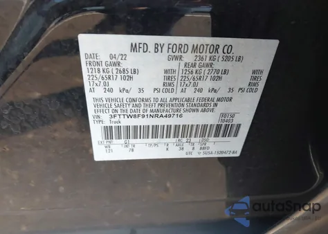 2022 Ford Maverick Xl/Xlt/Lariat z USA, uszkodzony, nr VIN 3FTTW8F91NRA49716